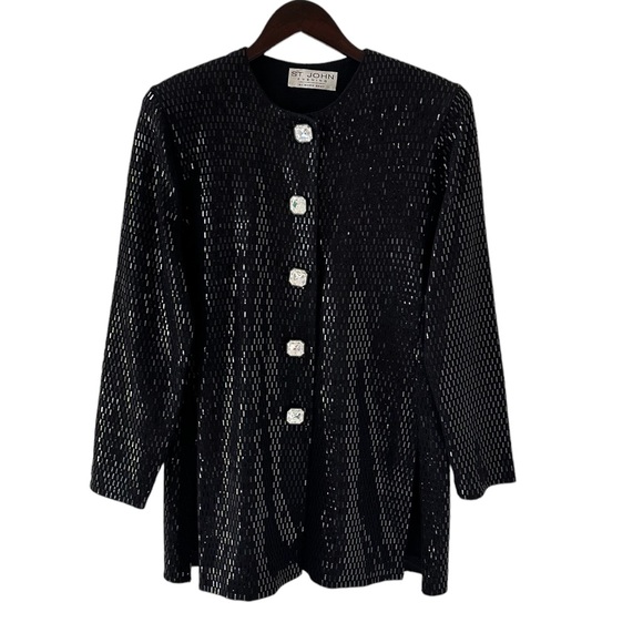 St. John Jackets & Blazers - St. John Evening Black Paillette Long Knit Jacket with Luxe Crystal Buttons